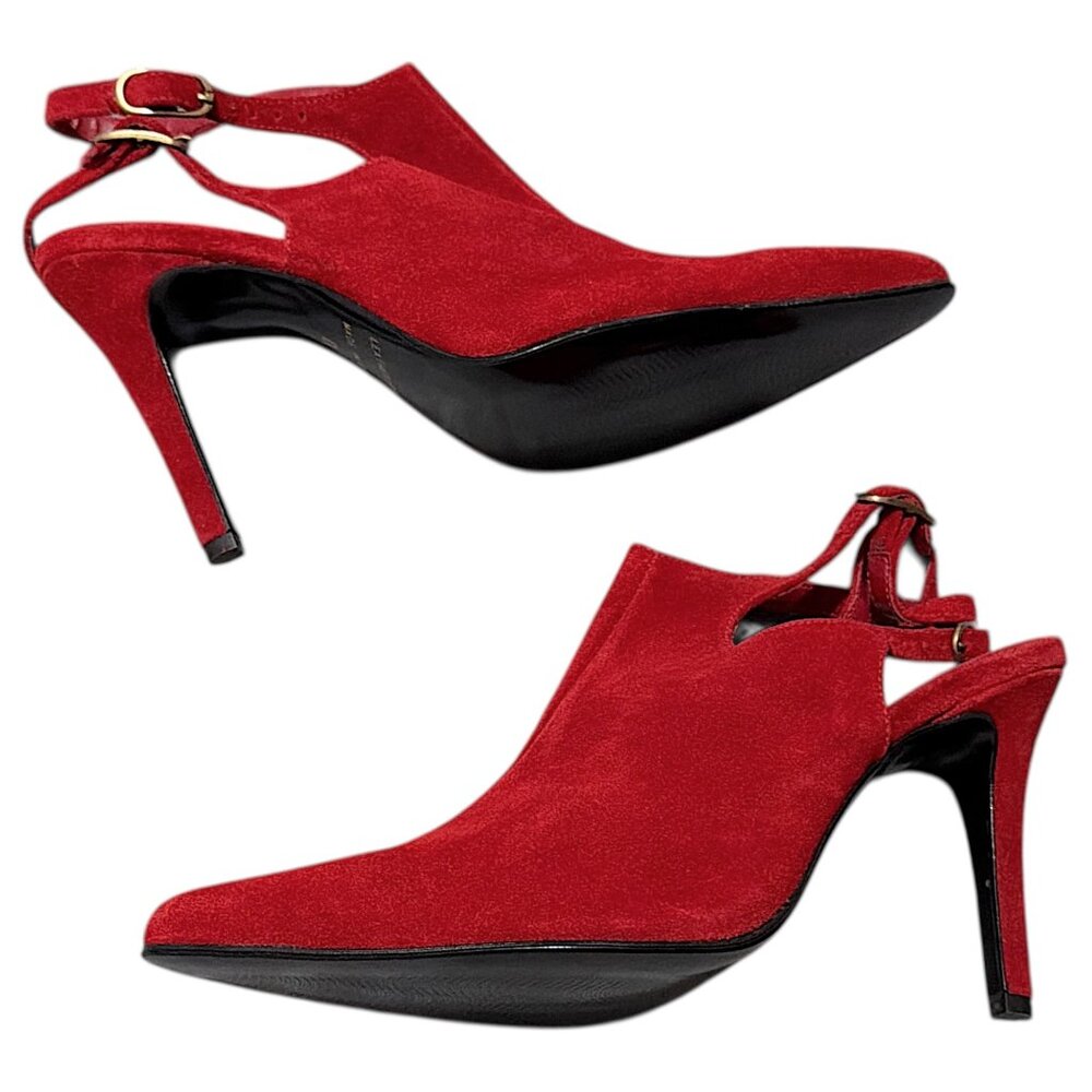 Red Heel Shoes Womens 9 Suede Leather Slingback Stiletto Event Gala Cocktail